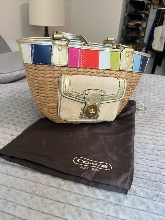 Coach Handbags - Coach Multicolor Stripe Straw Tote with Gold Accents